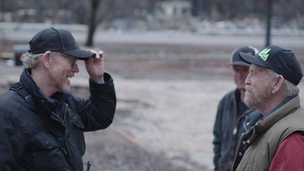 Ron Howard (left) tips his hat to Steve &#x00201c;Woody&#x00201d; Culleton (right) on Woody&#x002019;s property in ParadiseNational Geographic/Lincoln Else